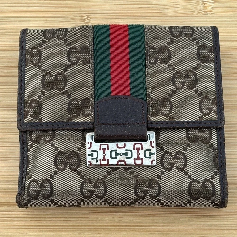 Gucci Vintage Sherry Bifold Wallet Brown Leather GG Logo Canvas Italy Unisex - Picture 2 of 16